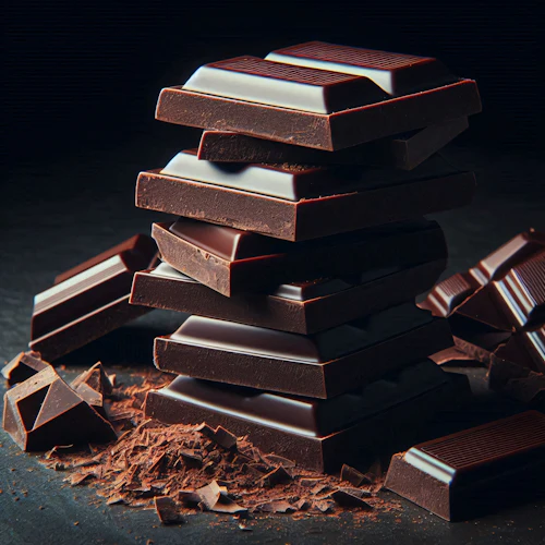 A stack of glossy dark chocolate bars