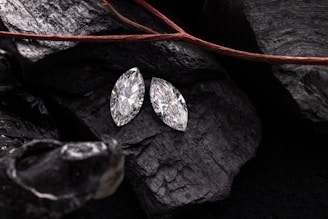 Two diamonds sit on a bed of black rocks.