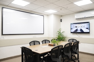 A meeting room is ready for discussions.
