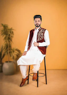 A man wears traditional pakistani attire.