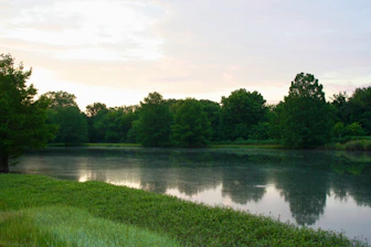 A calm lake reflects the trees in the morning.