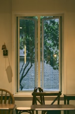 A window frames a view of lush greenery.
