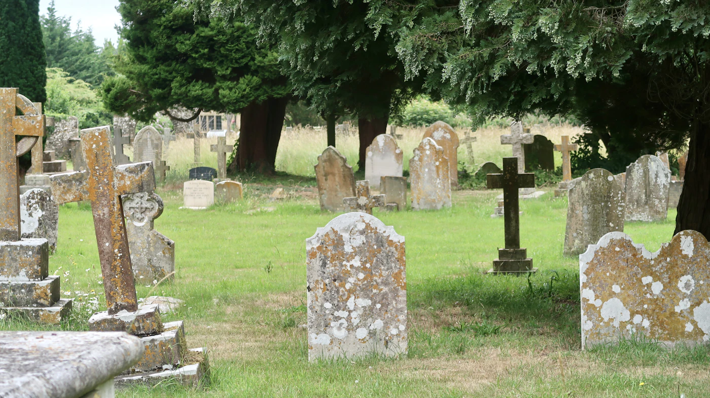 Old weathered gravestones standing among trees in a historic burial ground