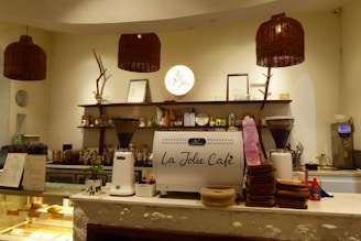 A cozy cafe's counter ready for service.