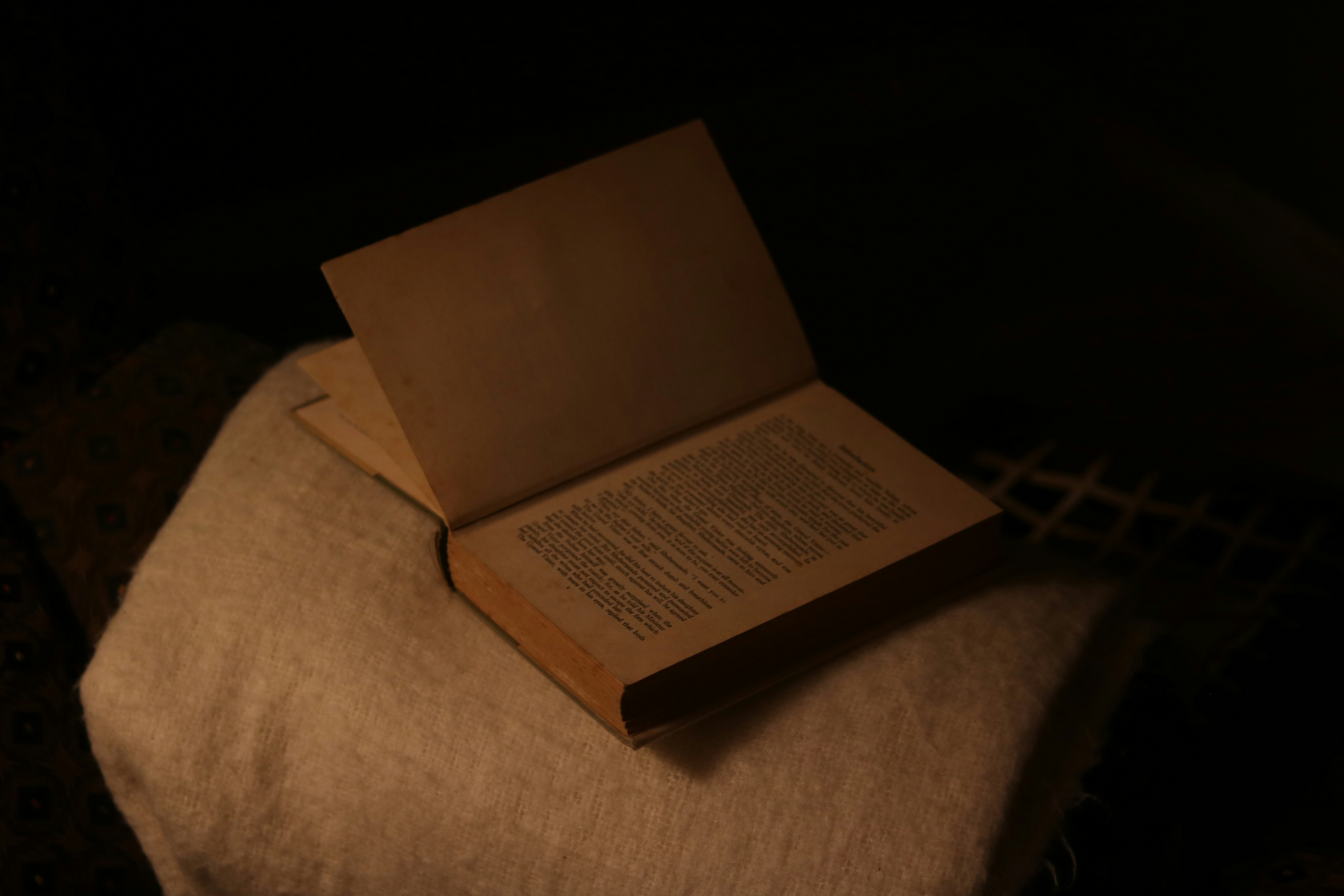 An open book rests on a cloth surface.