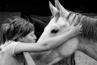Woman lovingly embraces her horse.