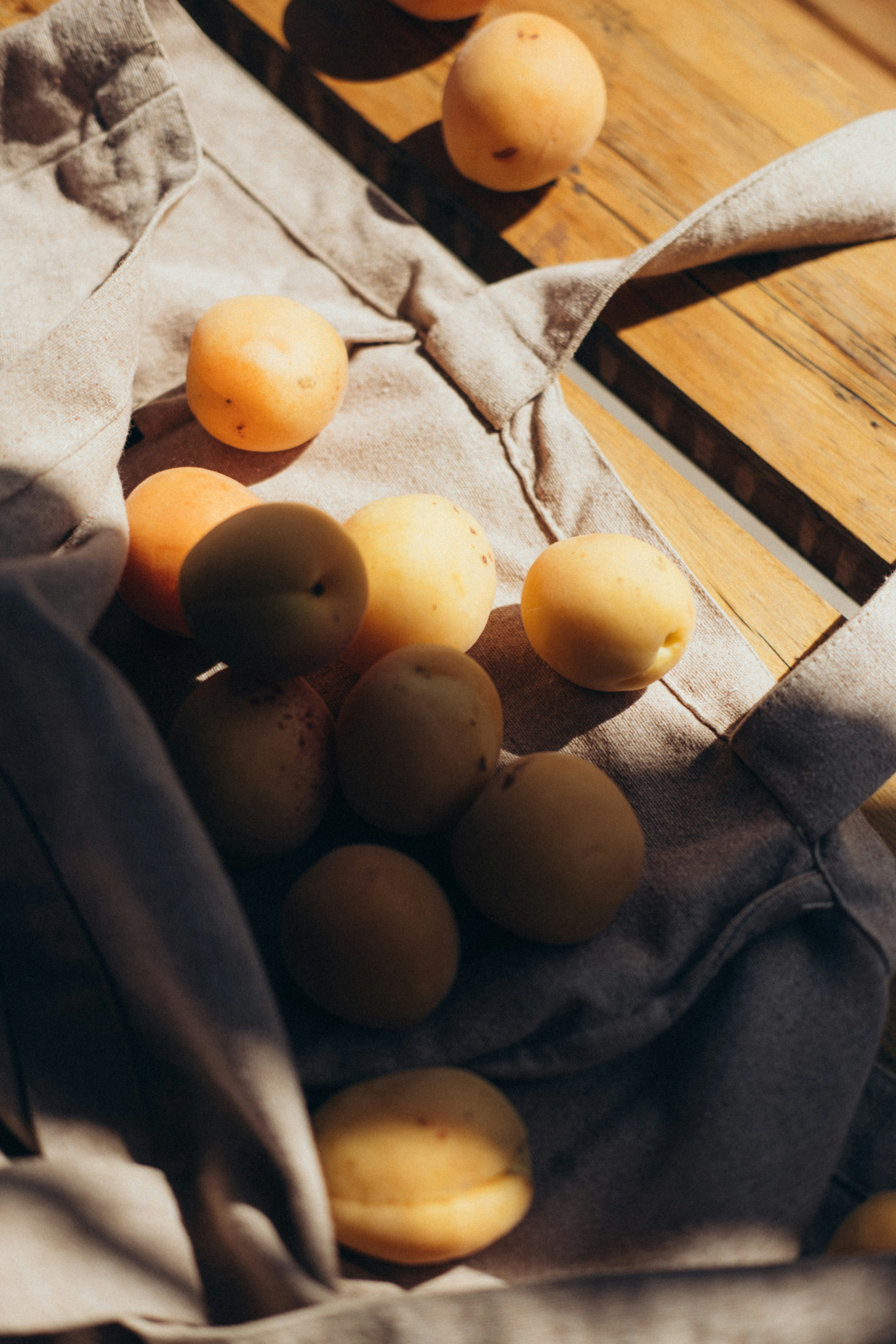Fresh apricots spilling out of a canvas bag.