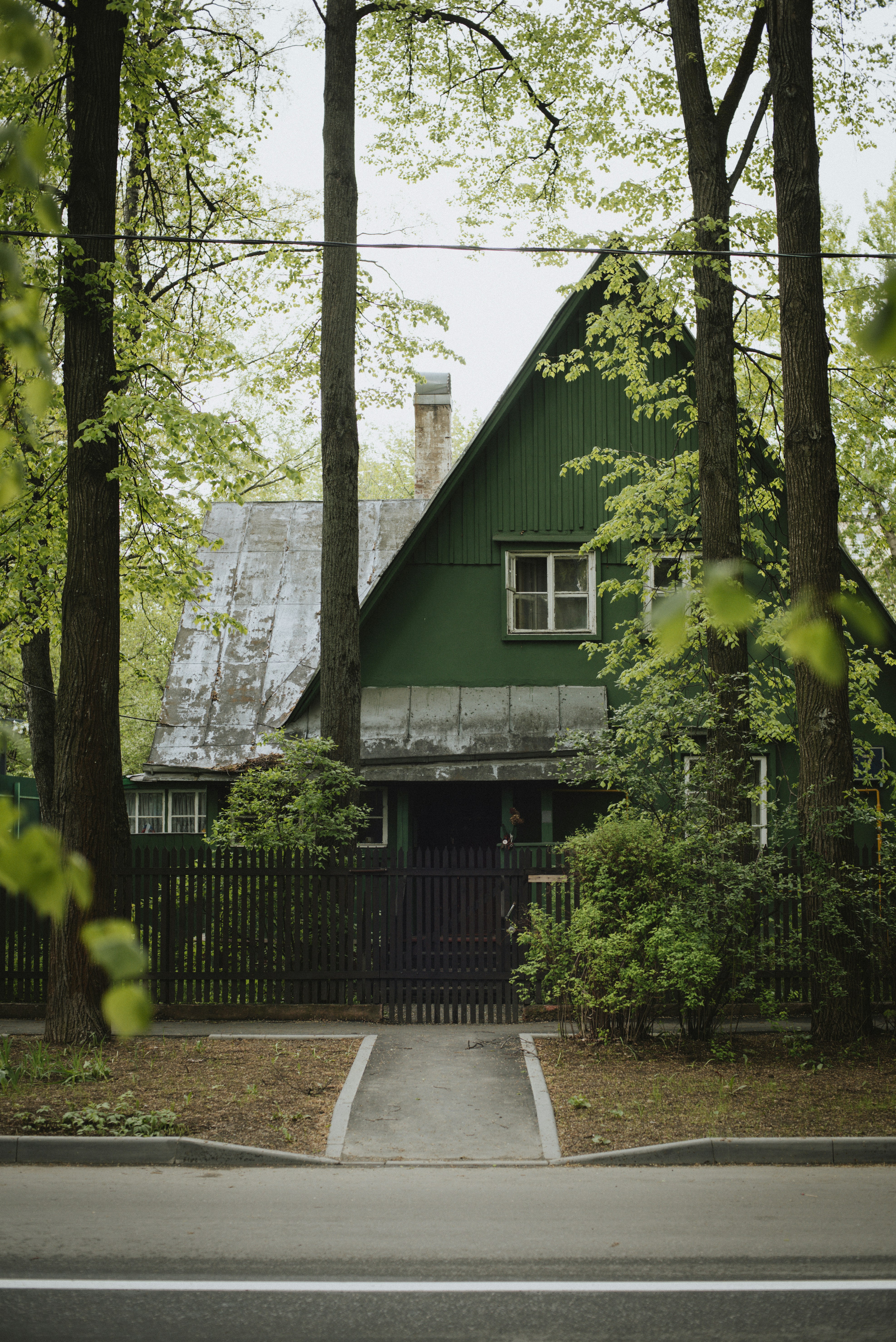 A green house is framed by trees.