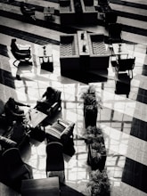 An overhead view of a hotel lobby.