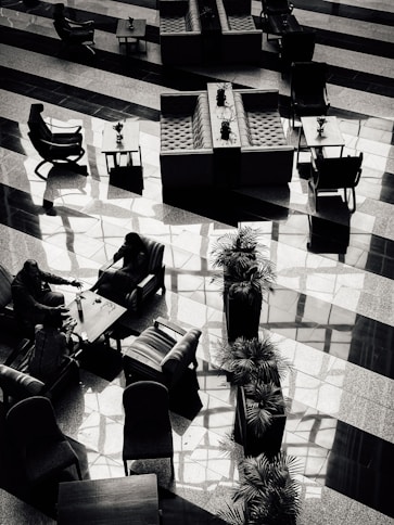 An overhead view of a hotel lobby.