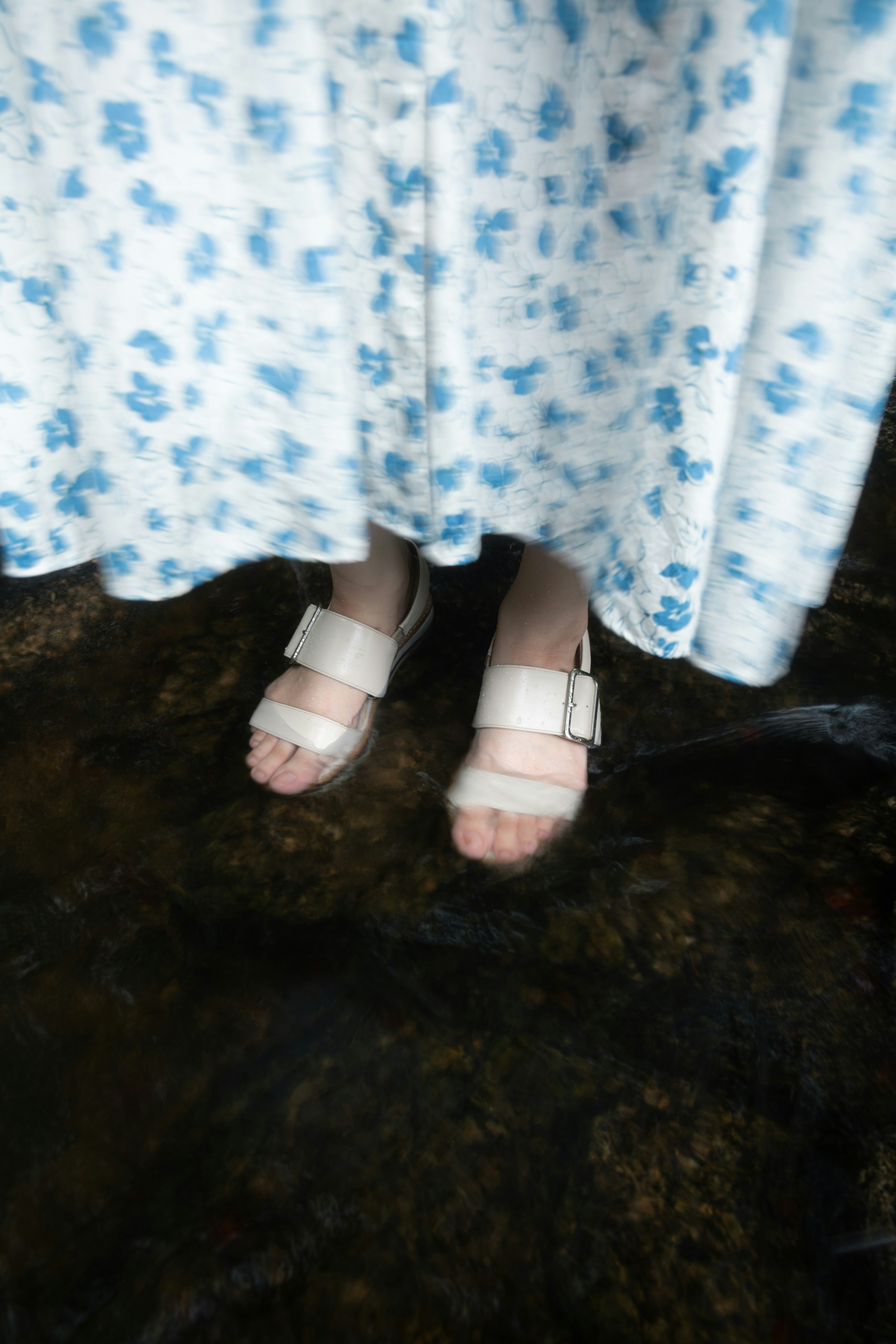 A person wearing sandals stands in shallow water.