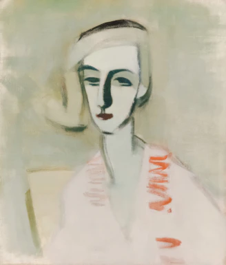 A stylized portrait of a woman with dark hair.