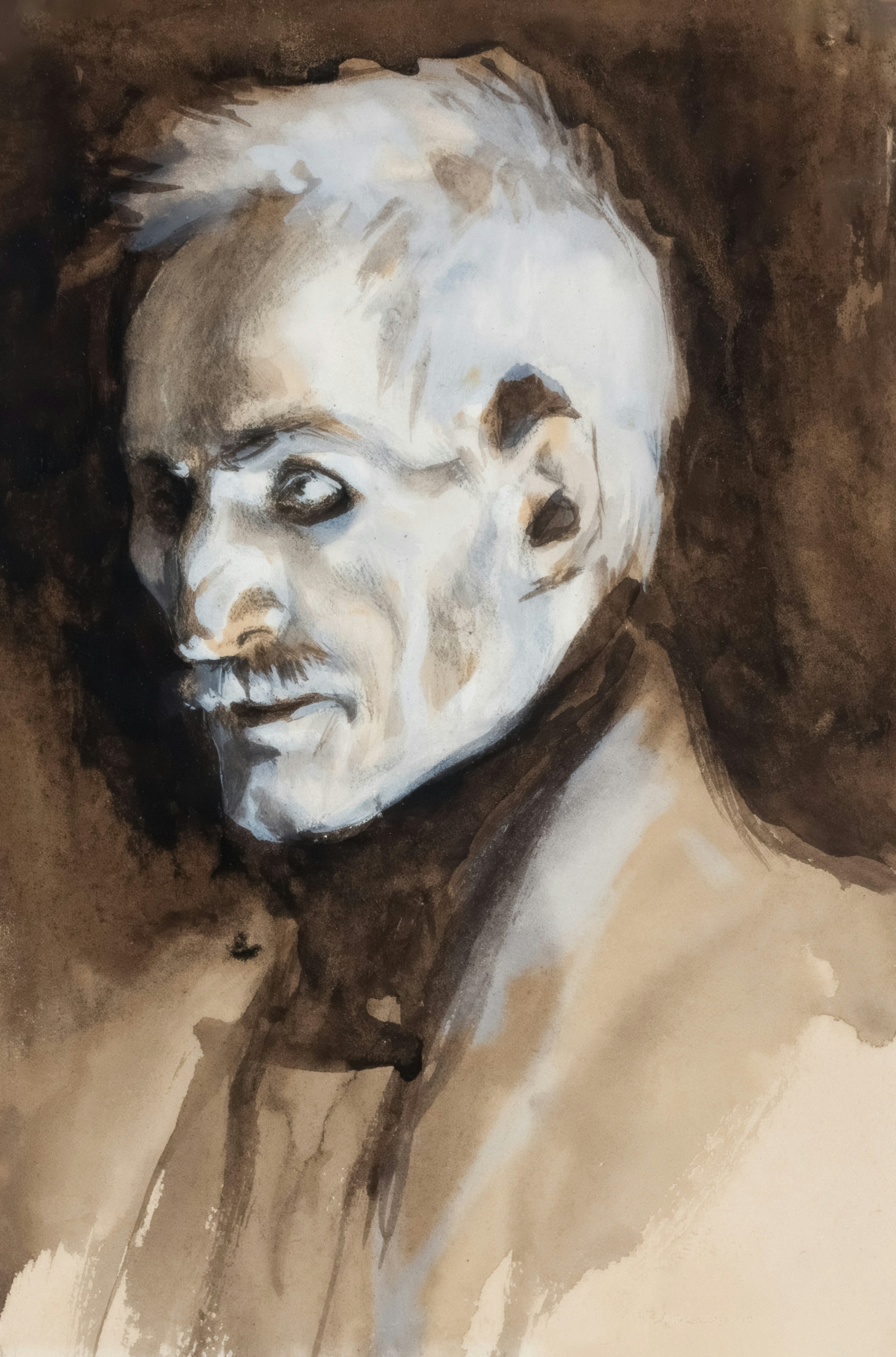 A painted portrait of an elderly man with a mustache.