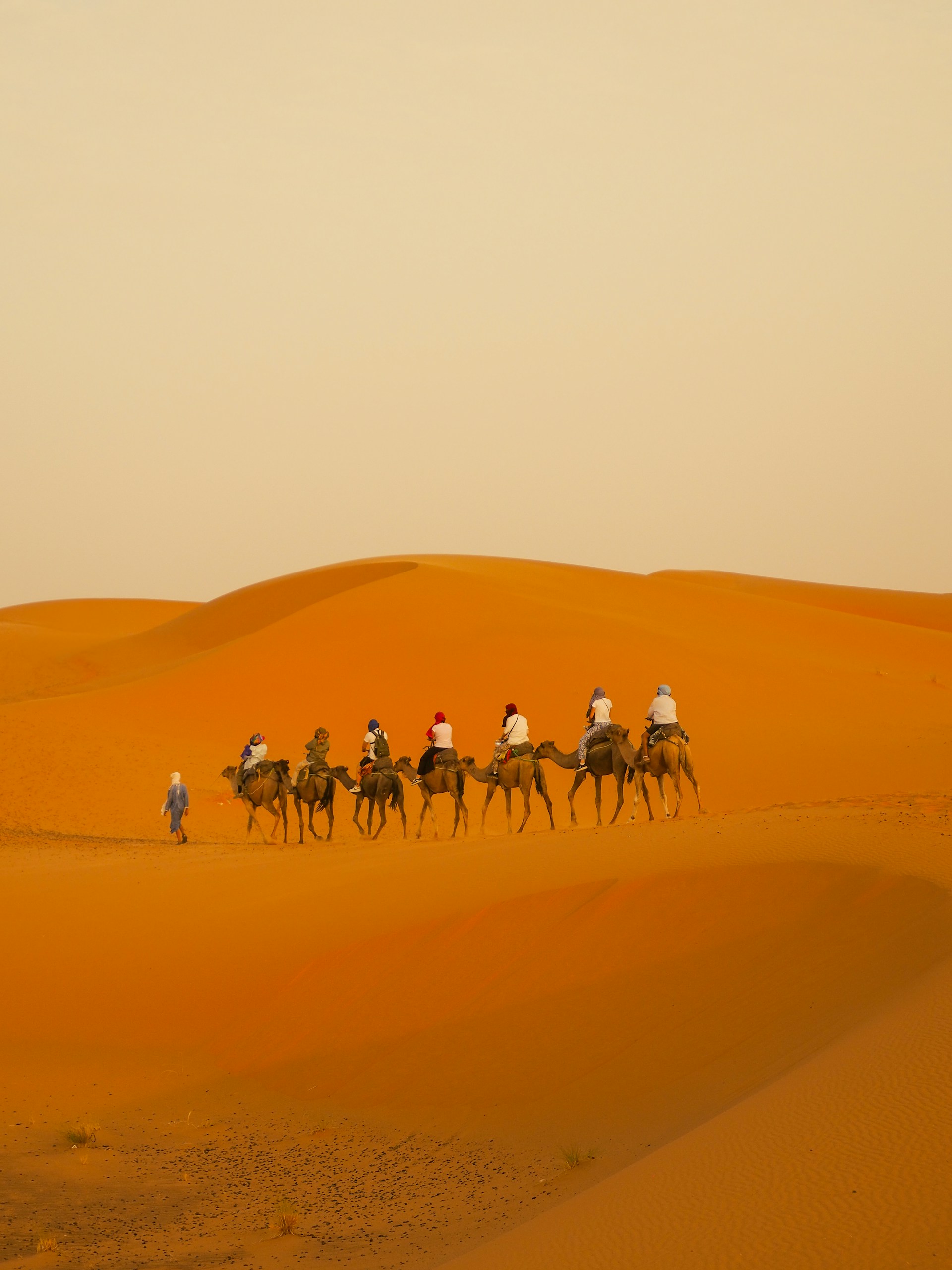 People ride camels across the desert dunes.