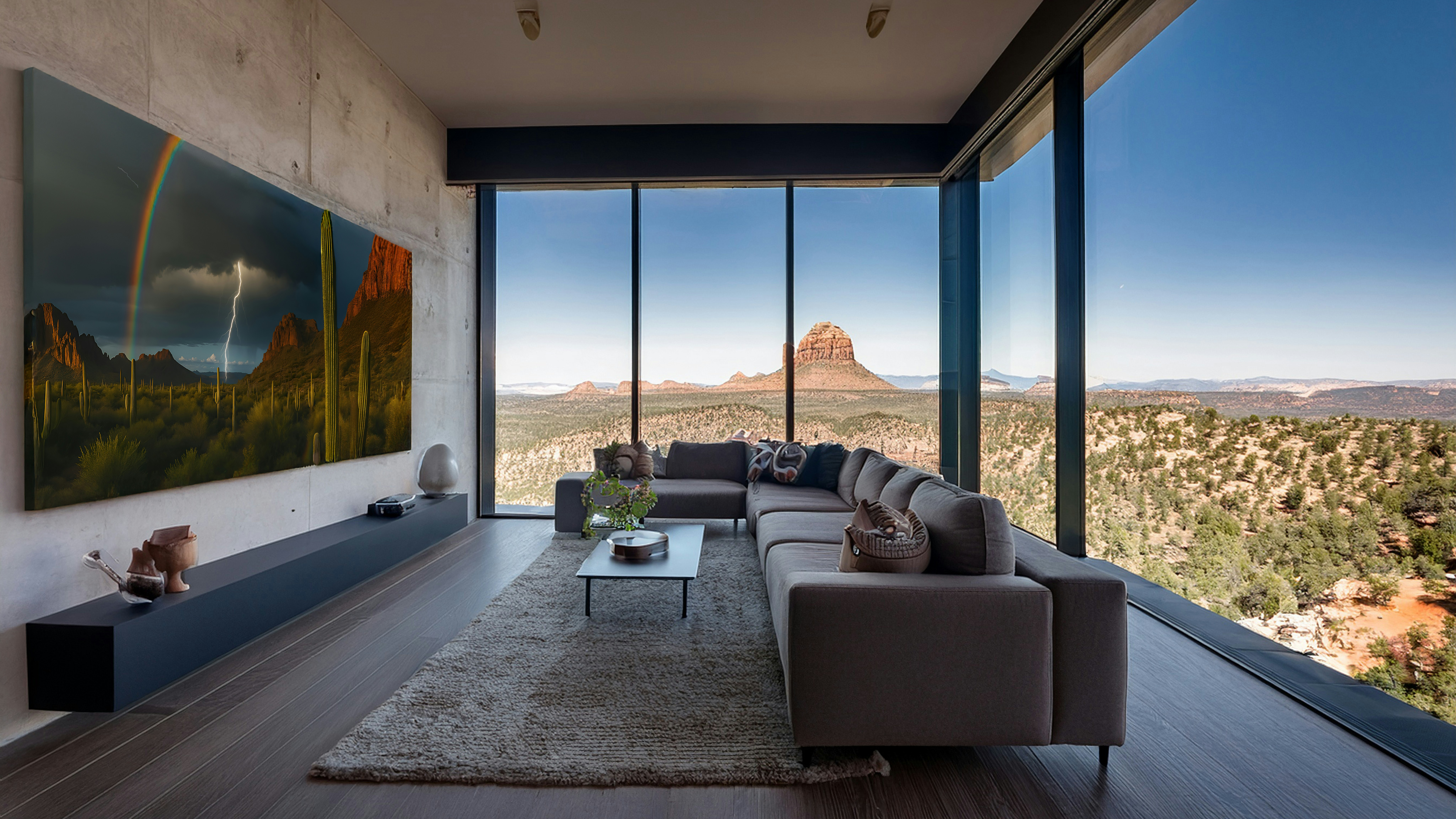 Luxury modern mountain Colorado home living room with large windows and mountain views - move-in ready staging