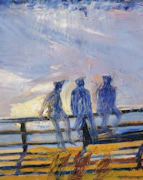 Three figures in blue sit on a railing