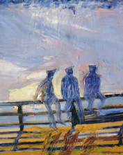 Three figures in blue sit on a railing
