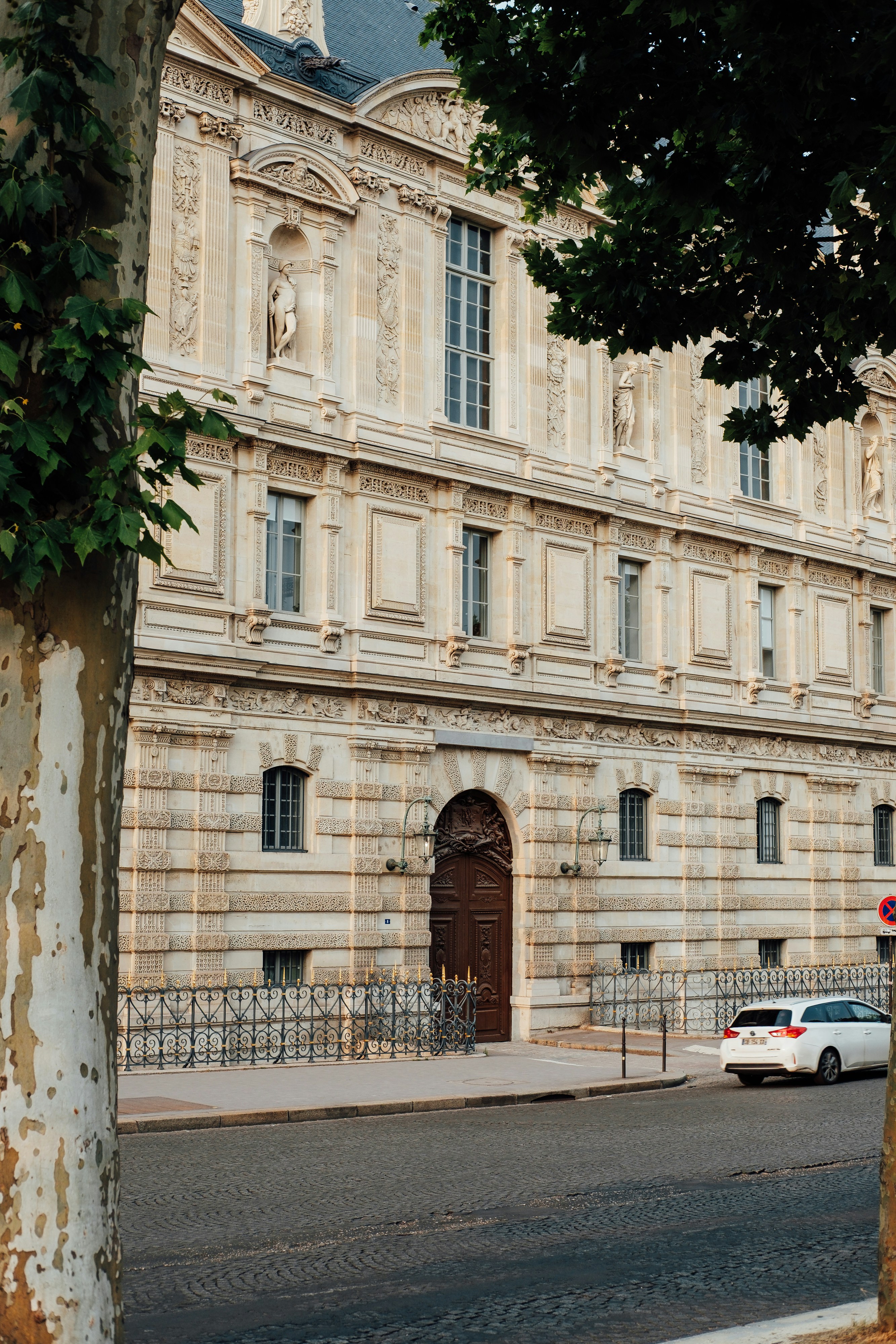 Beautiful parisian building beside a tree-lined street.