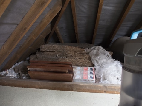 An attic filled with various stored items.
