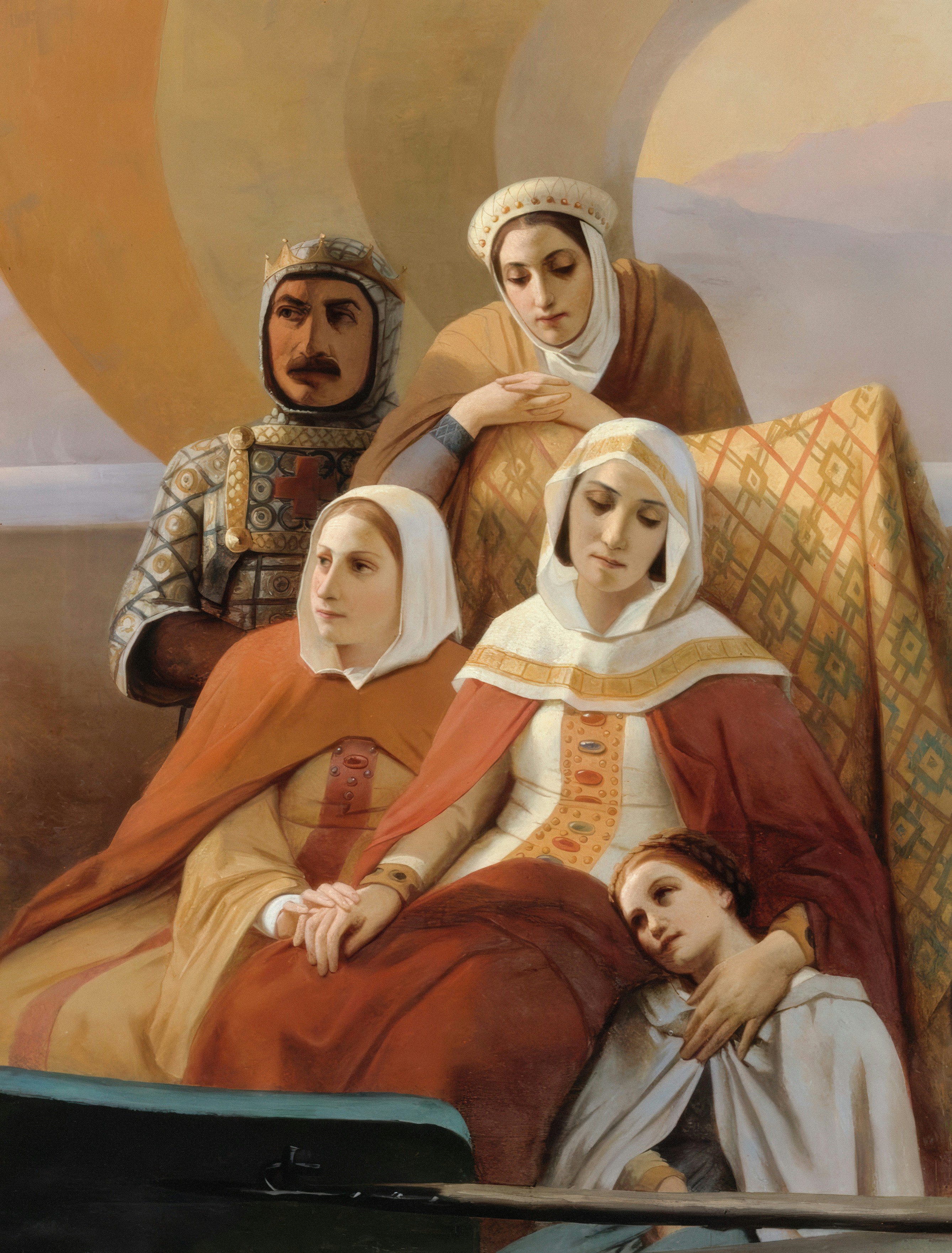 A medieval family poses for a formal portrait.