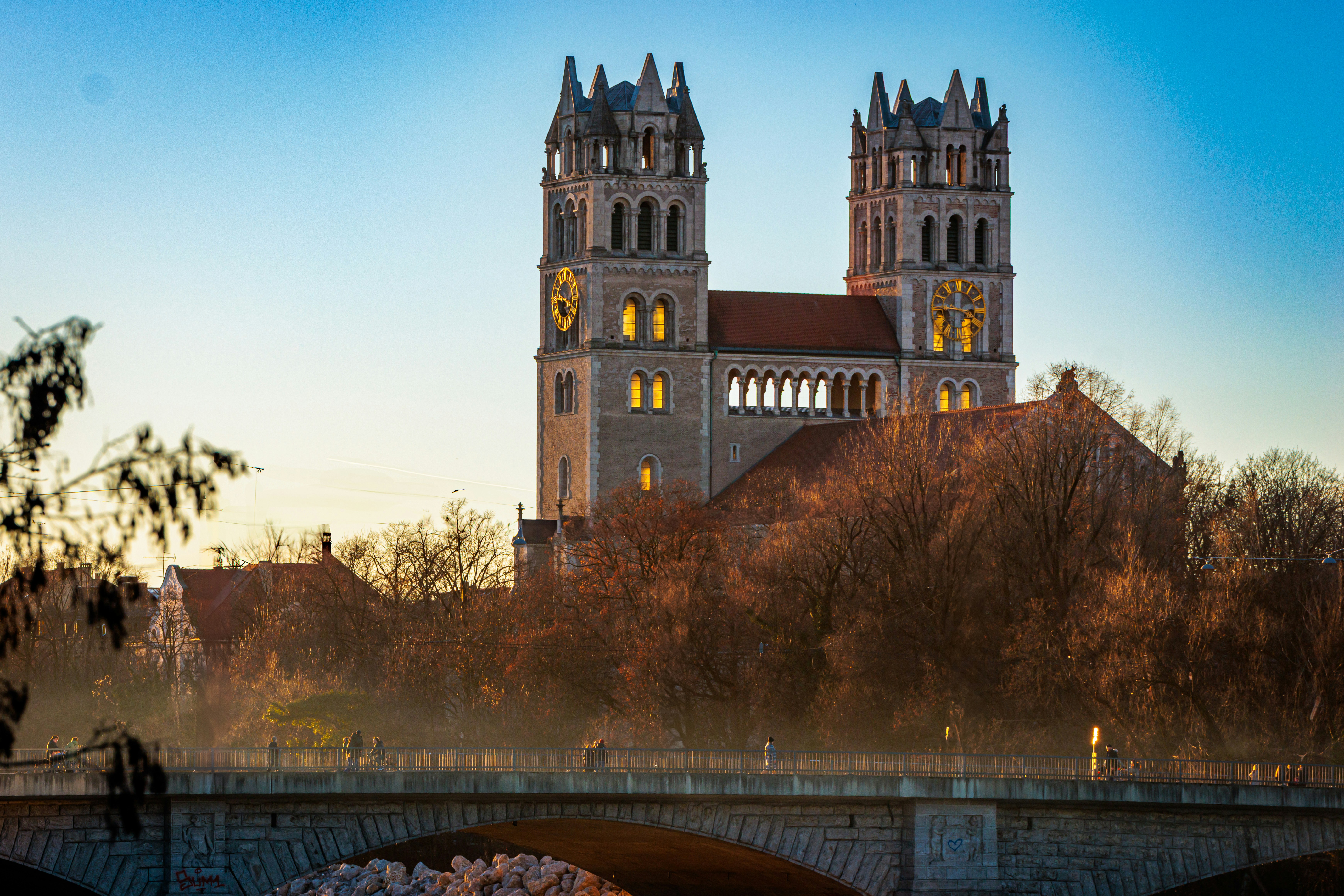 A beautiful church stands tall at sunrise.