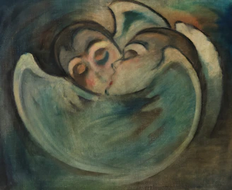 Two faces in a swirling abstract embrace