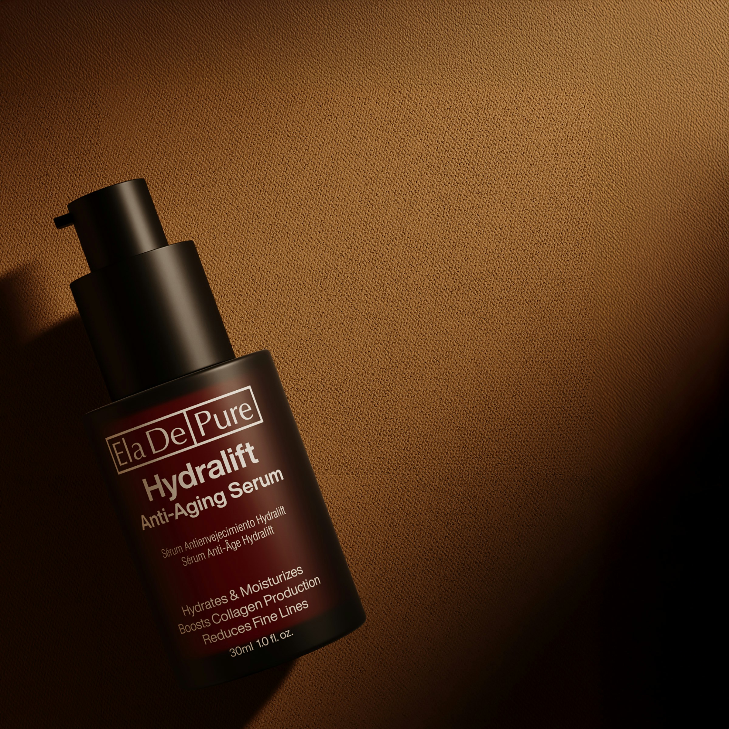 Hydralift anti-aging serum is shown on a dark background.