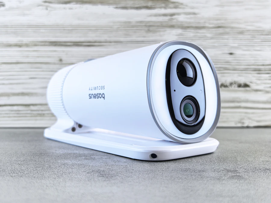 White wireless security camera on a stand