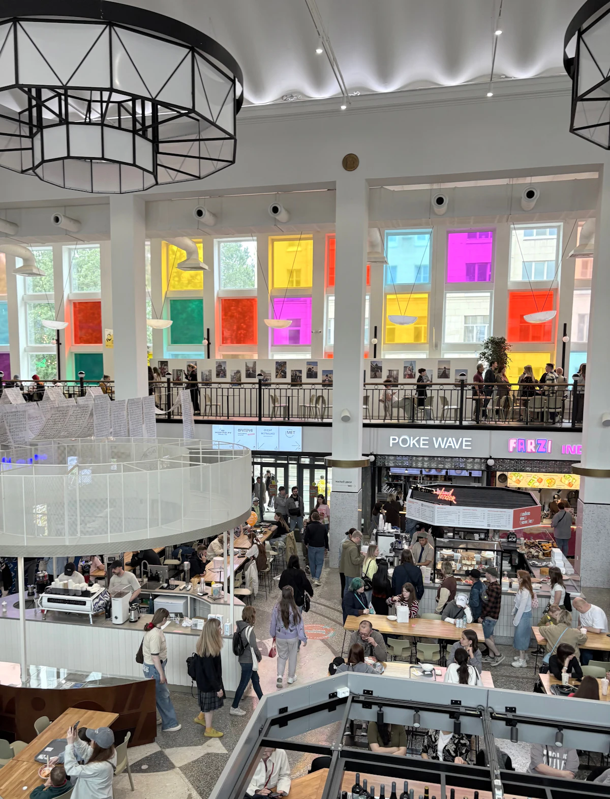 Bustling food hall with diners