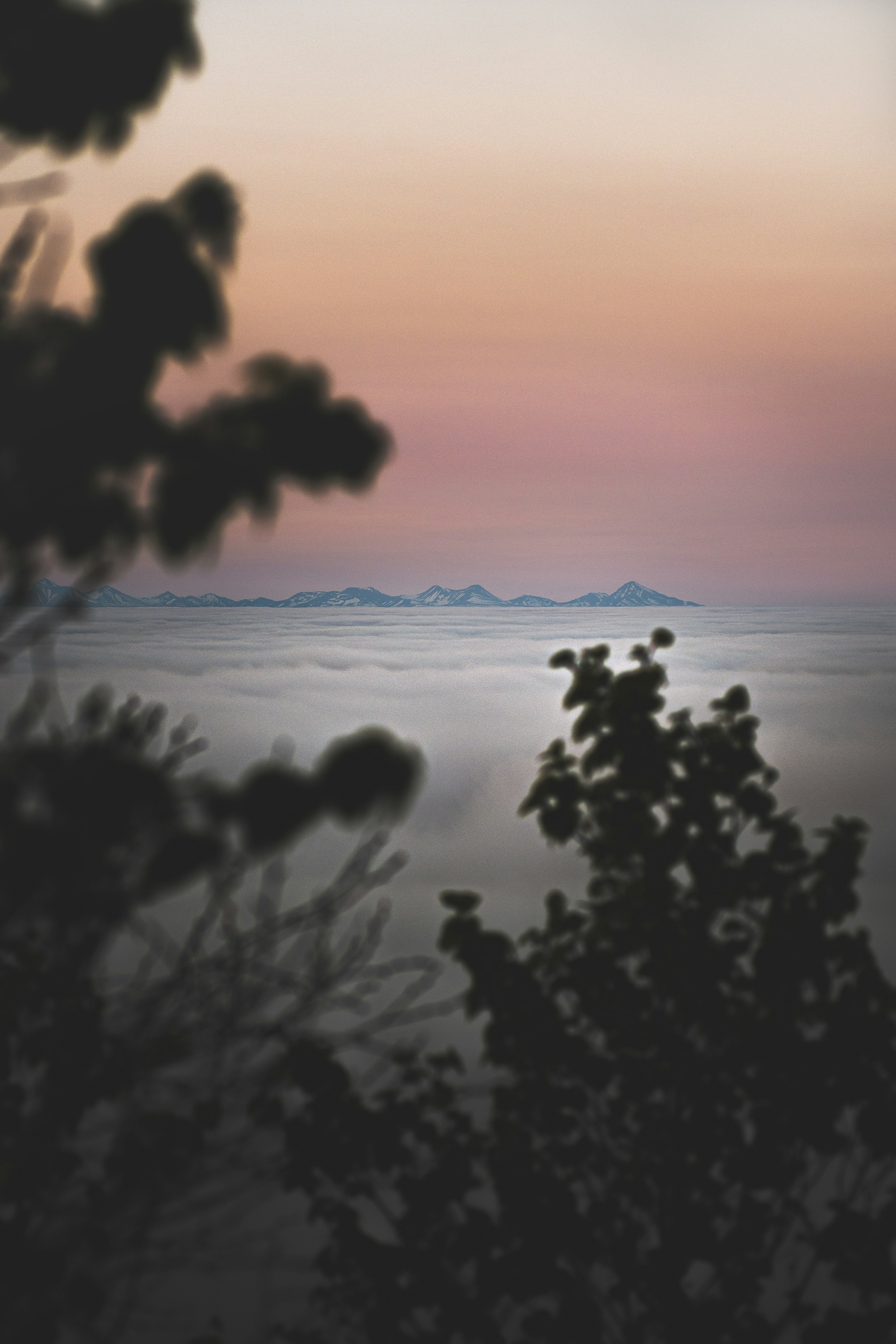 Foggy mountains are visible under a beautiful sunset.