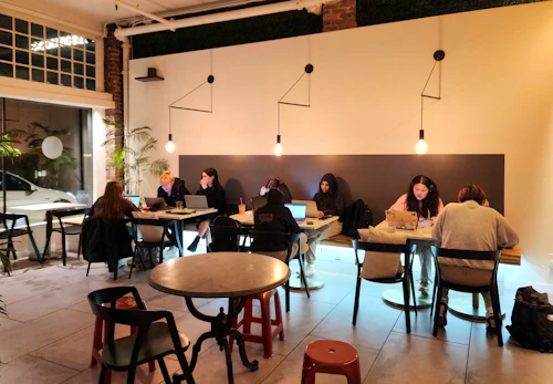People working on laptops in a cozy coffee shop