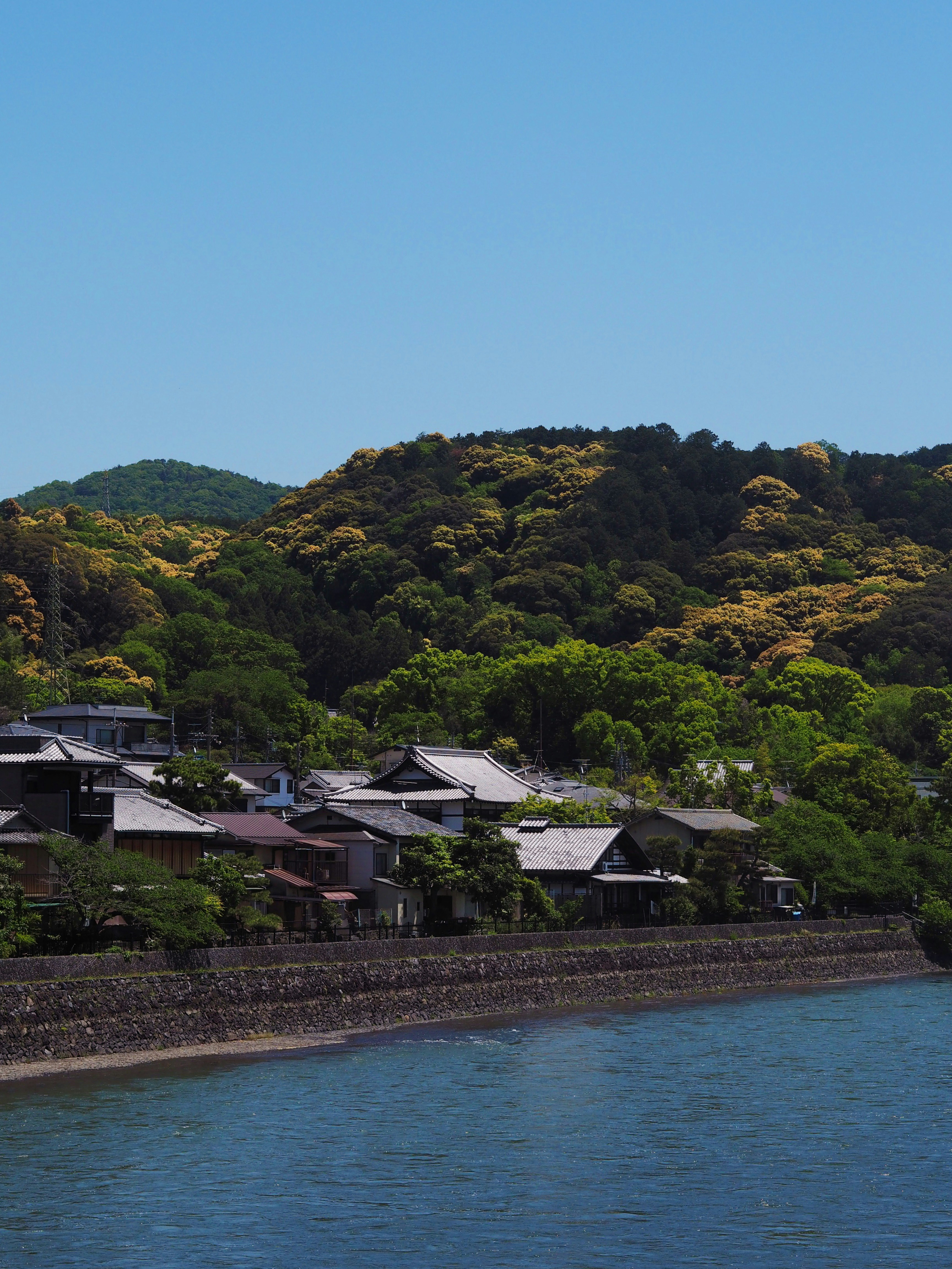 Le case fiancheggiano una riva, con una montagna sullo sfondo.