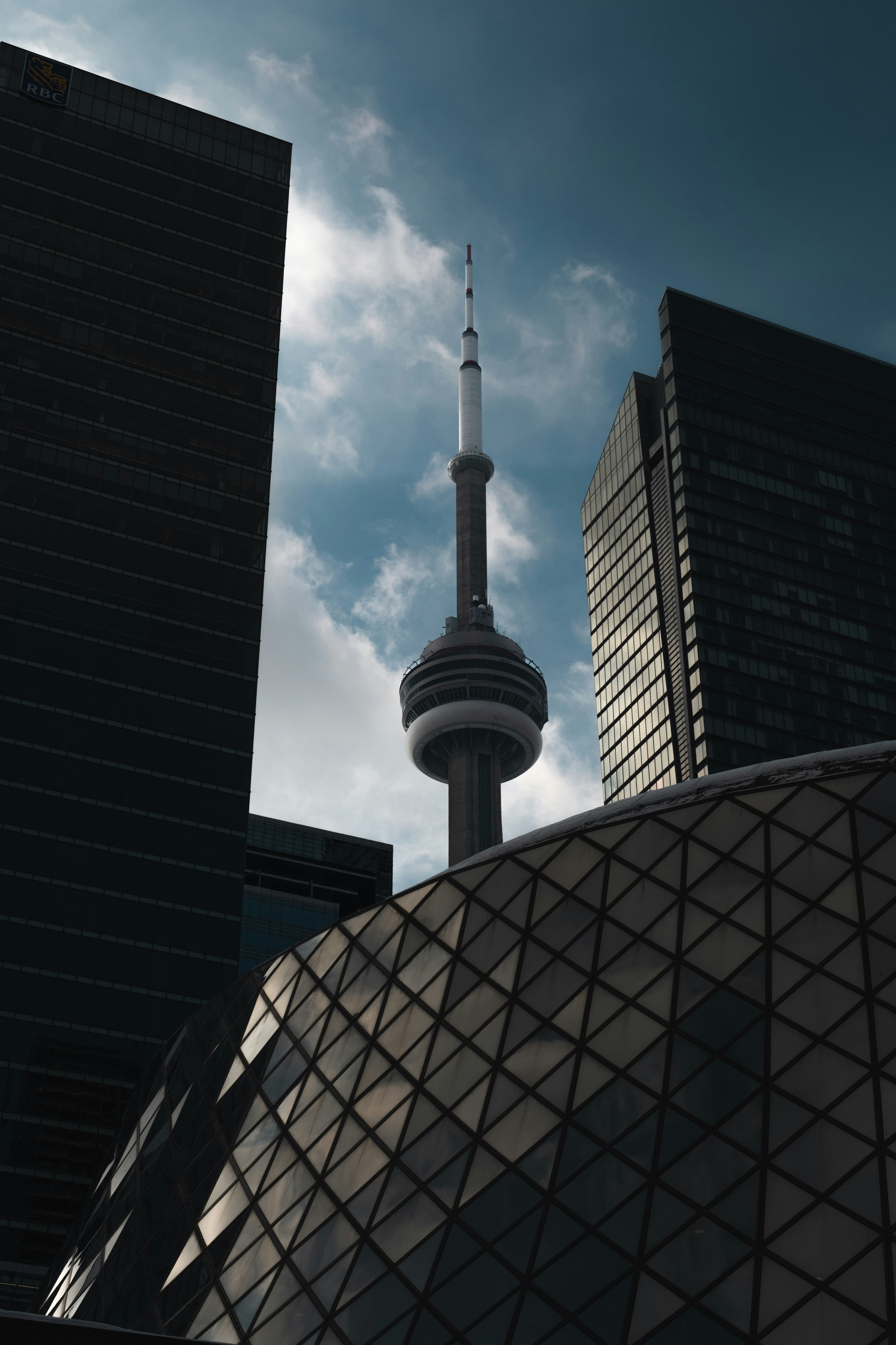 The cn tower rises between buildings.
