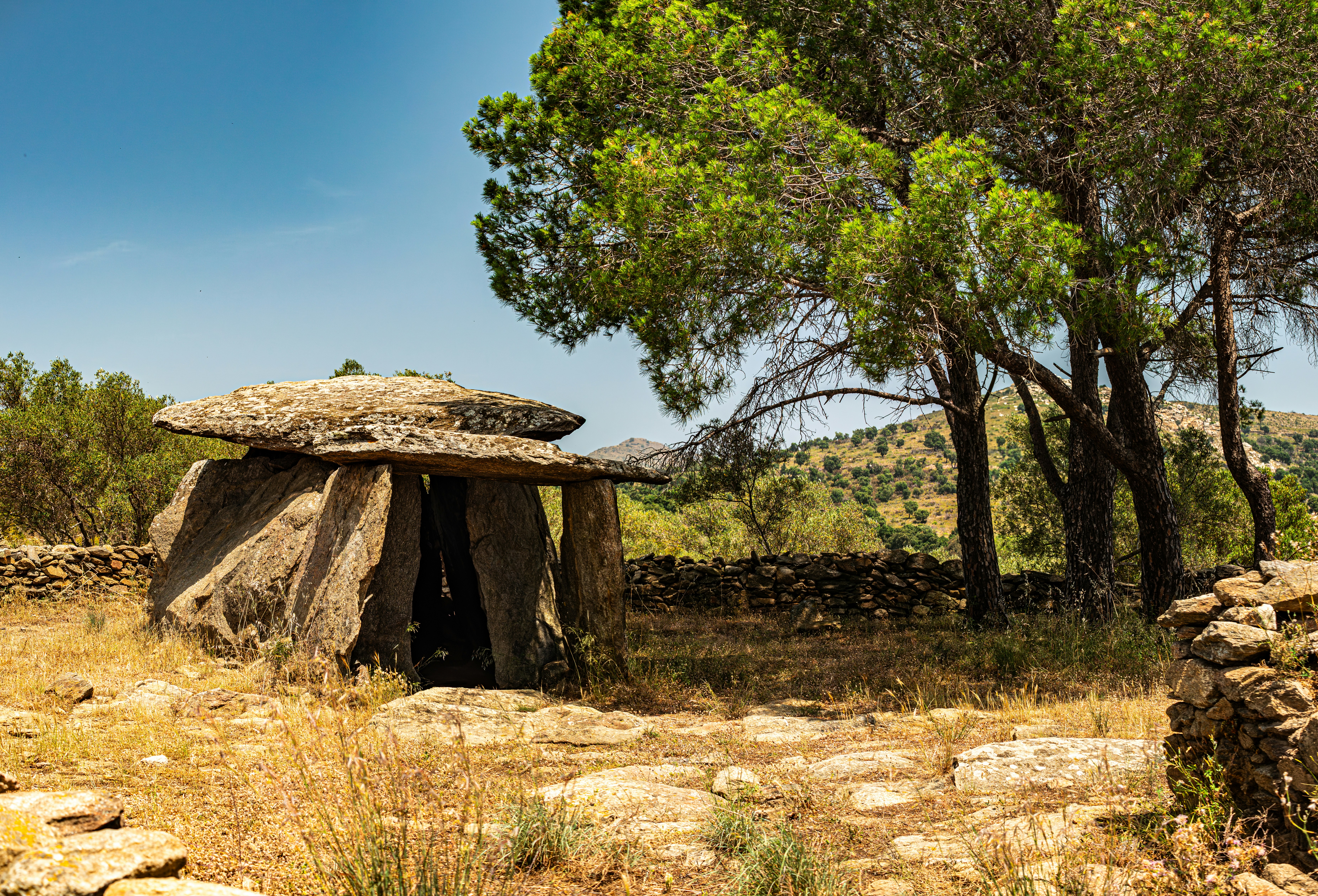 An ancient dolmen stands in nature.