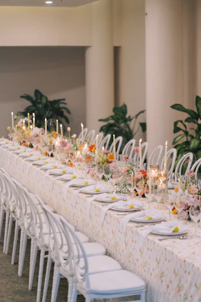 A beautifully decorated table is set for dinner.