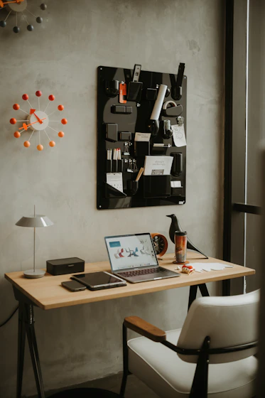 A modern, organized workspace with a laptop.