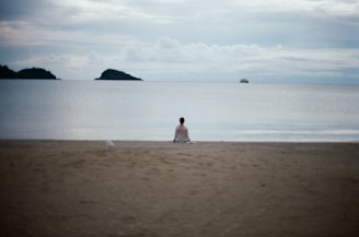 Person meditating on a quiet beach facing the ocean.