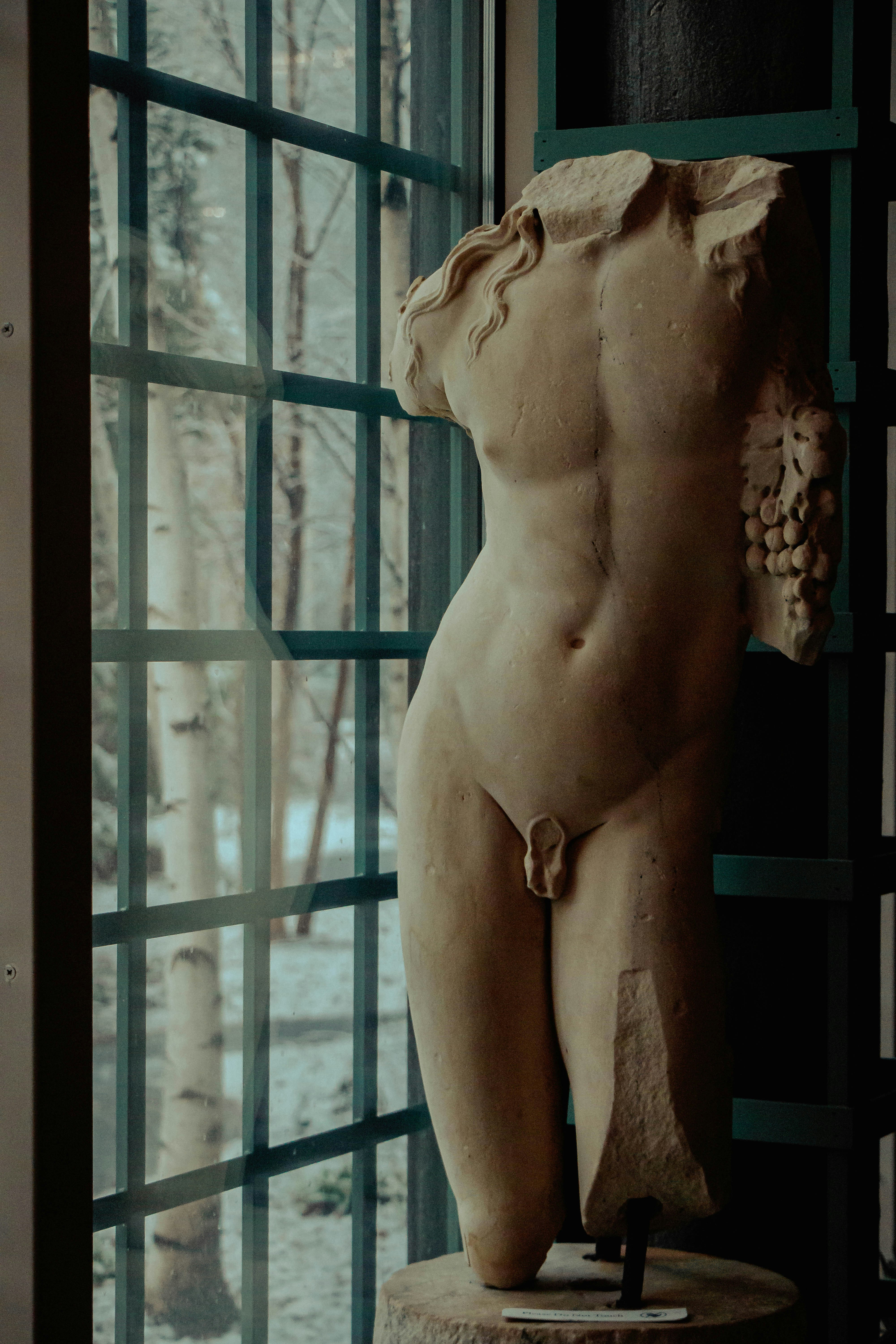 A classical statue stands near a window.