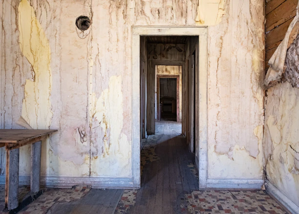 Peeling walls reveal an abandoned, empty hallway.