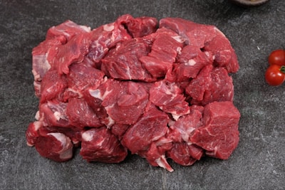 Raw, chopped meat is piled up.