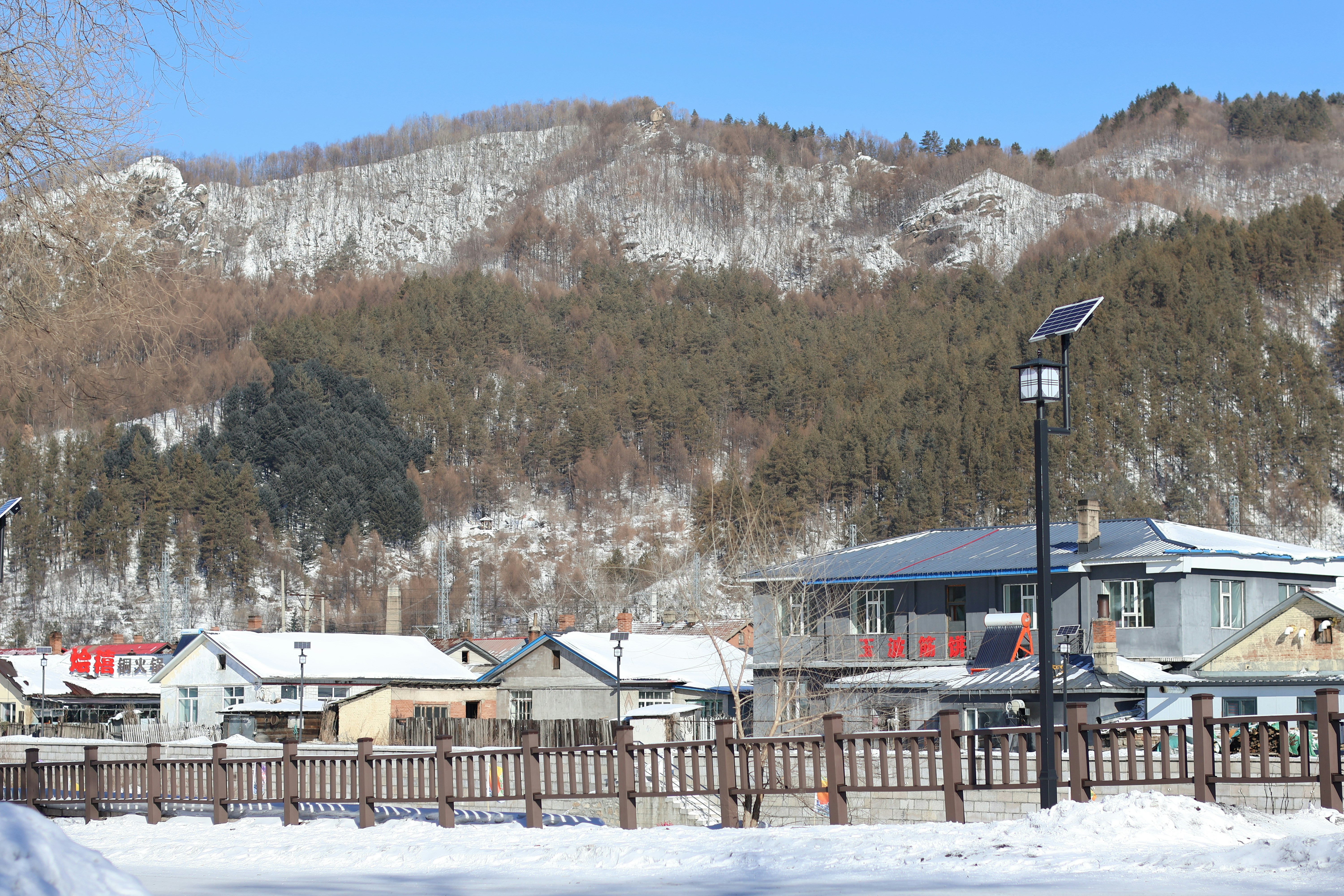 Snowy mountains overlook a village.