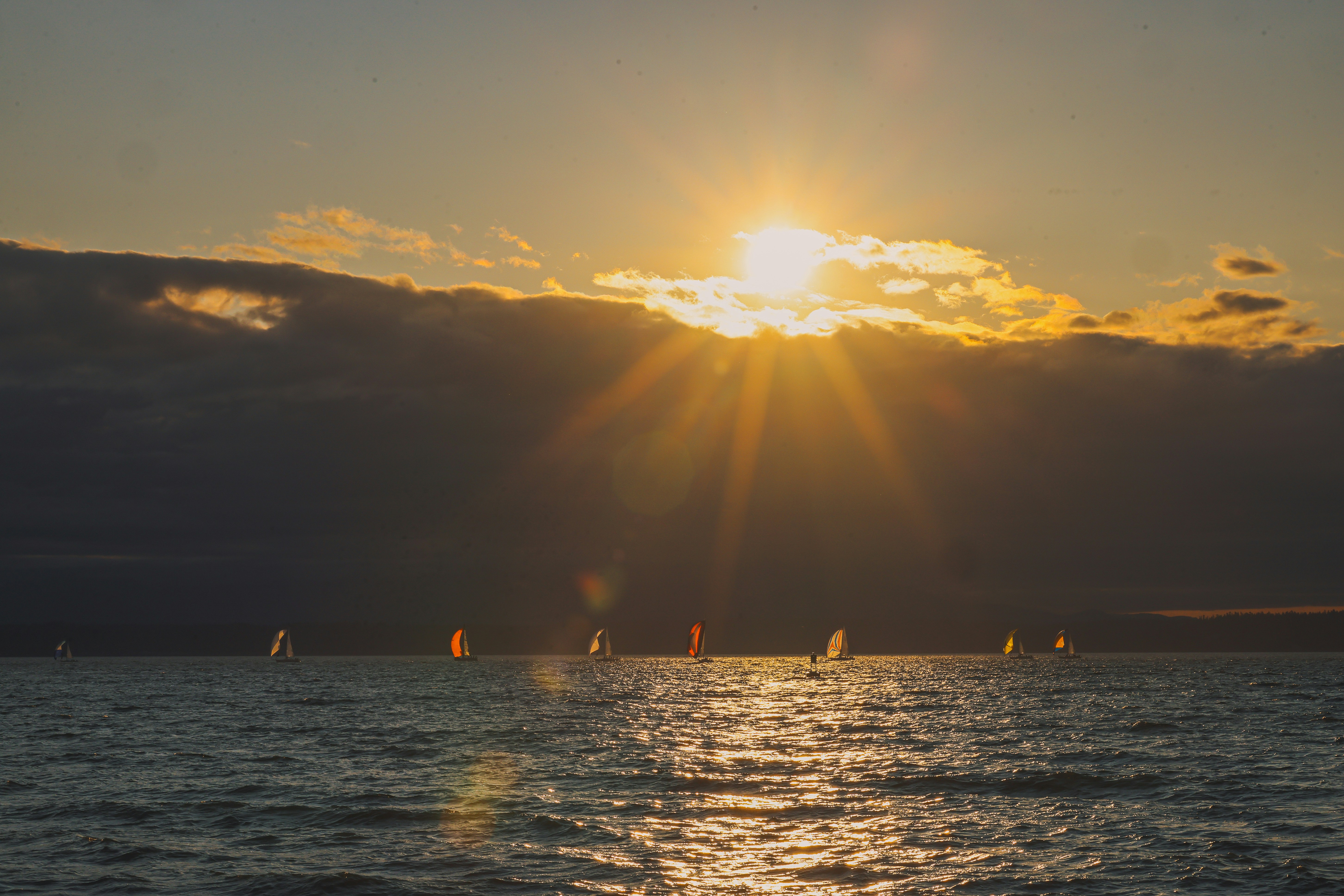 Sunset over the water with windsurfers.