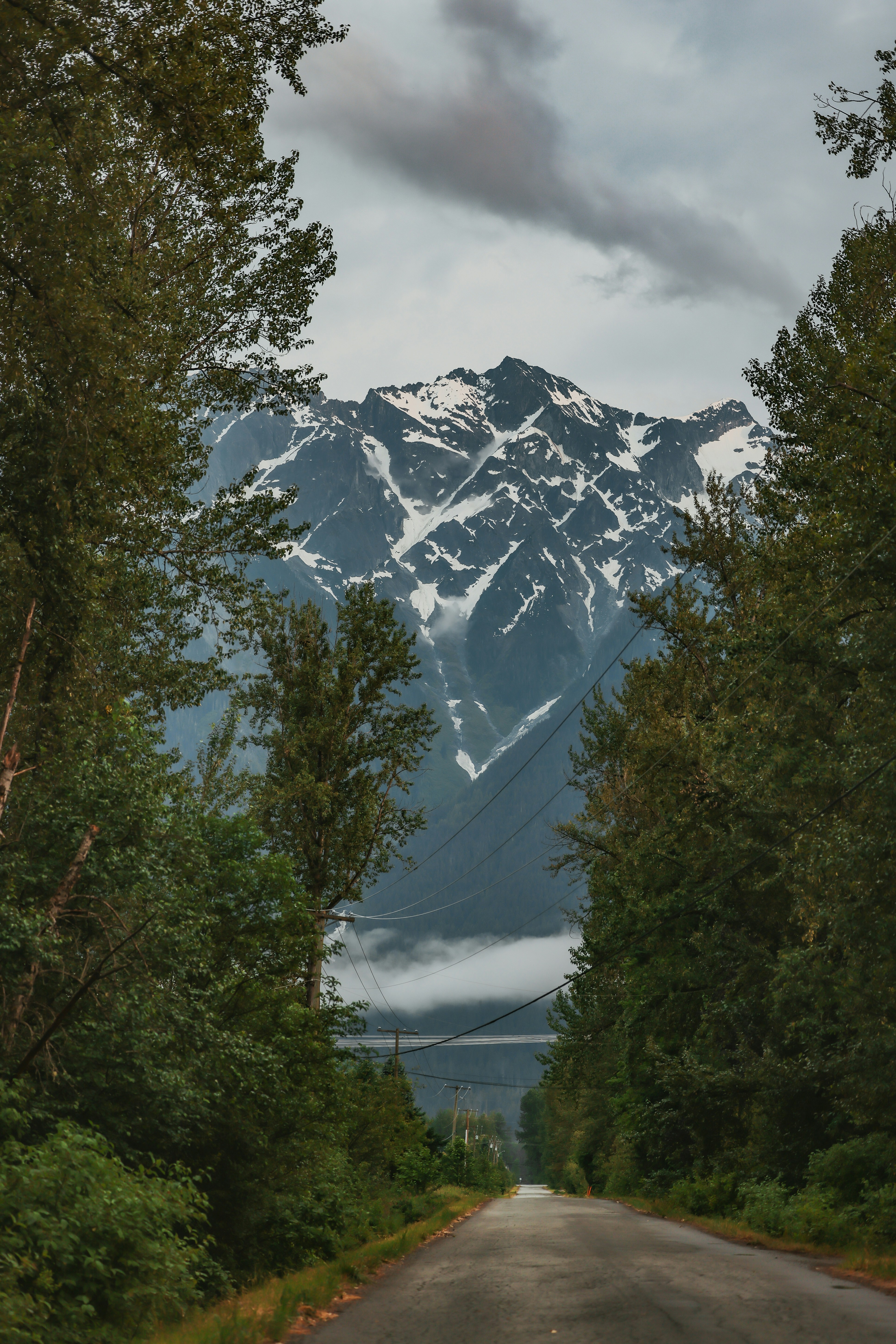 Road leads to a majestic, snow-capped mountain.