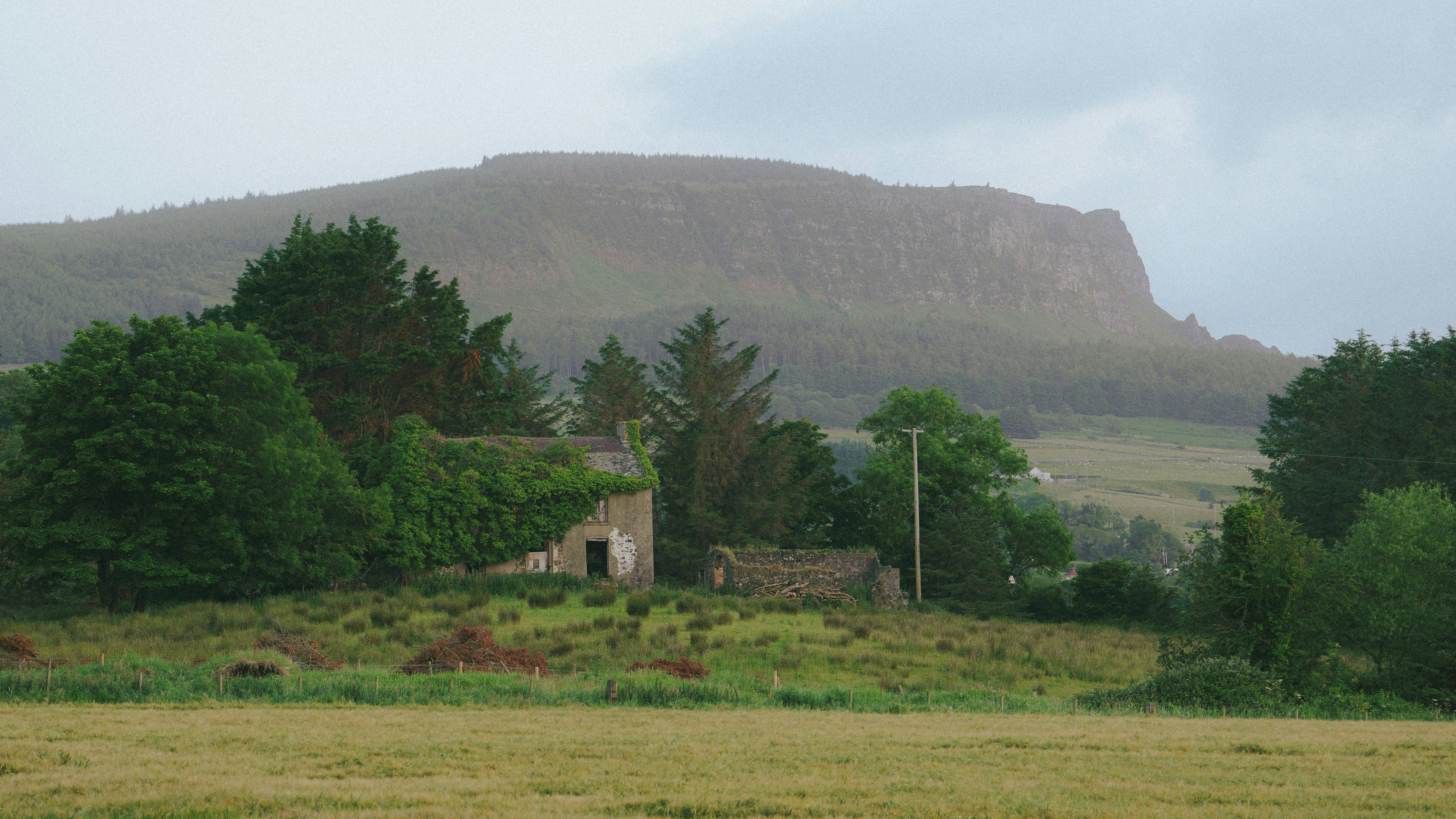 Old house nestled amidst greenery and mountains.