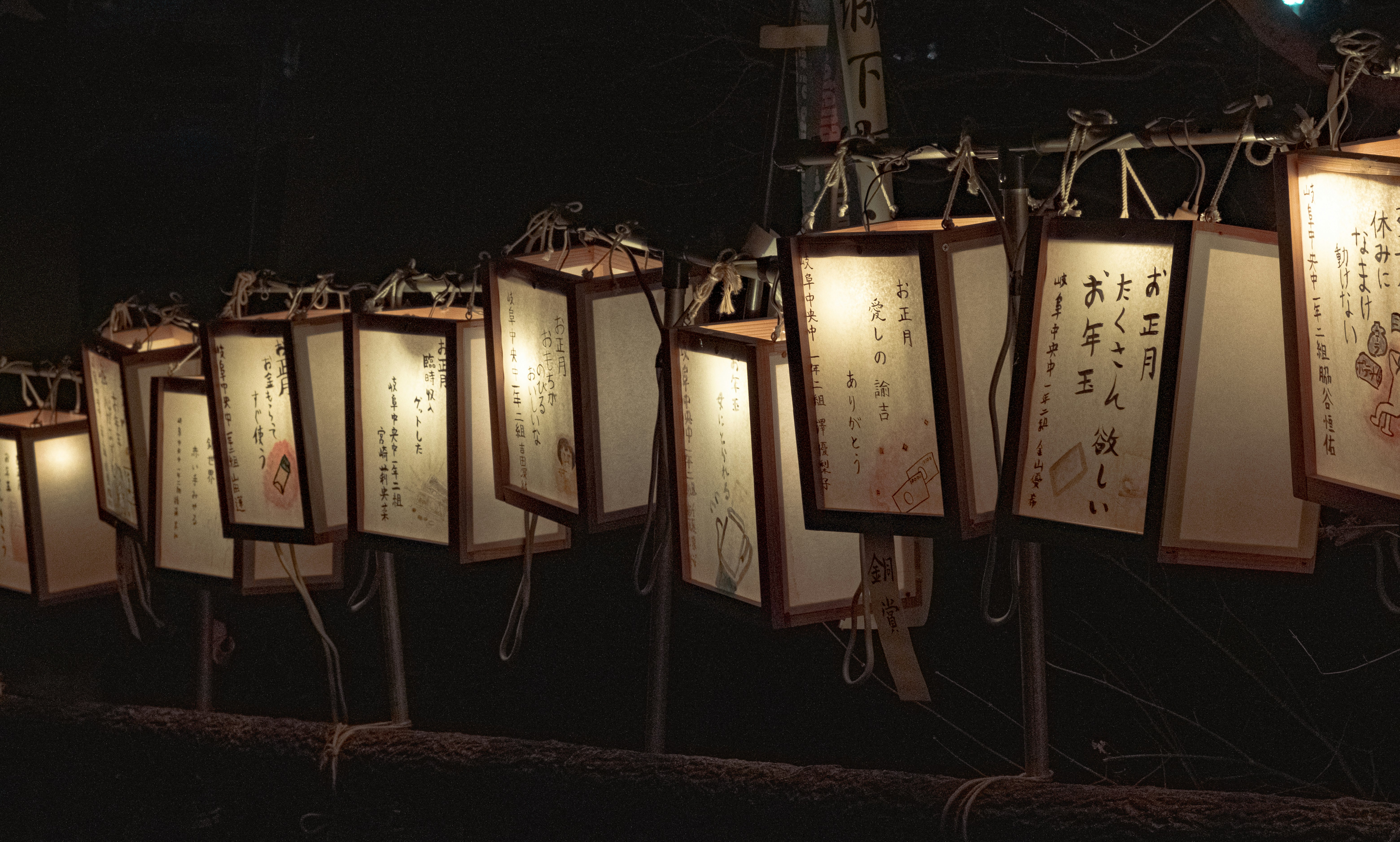 Lit lanterns hang in a row at night.