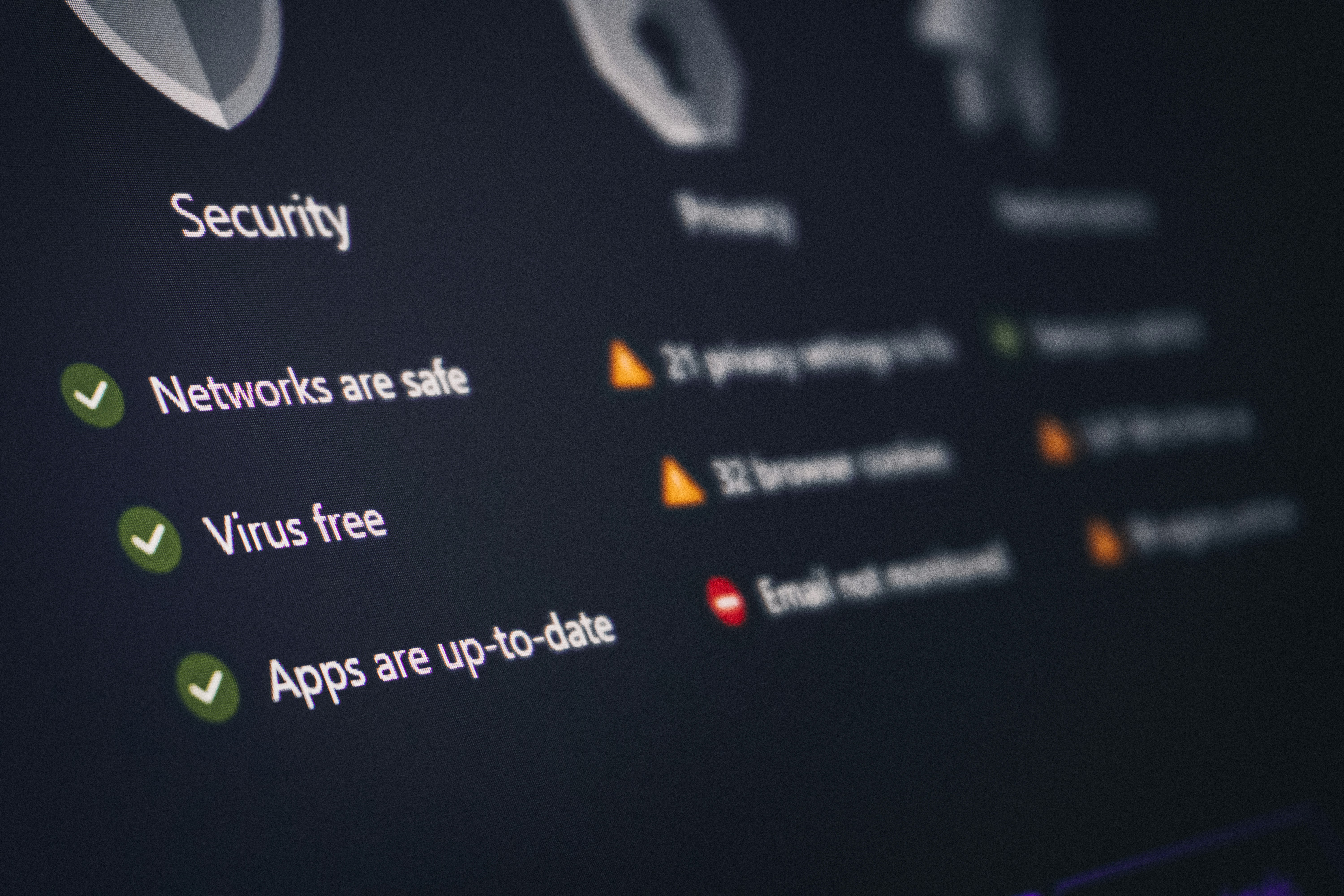 A security and privacy dashboard with its status