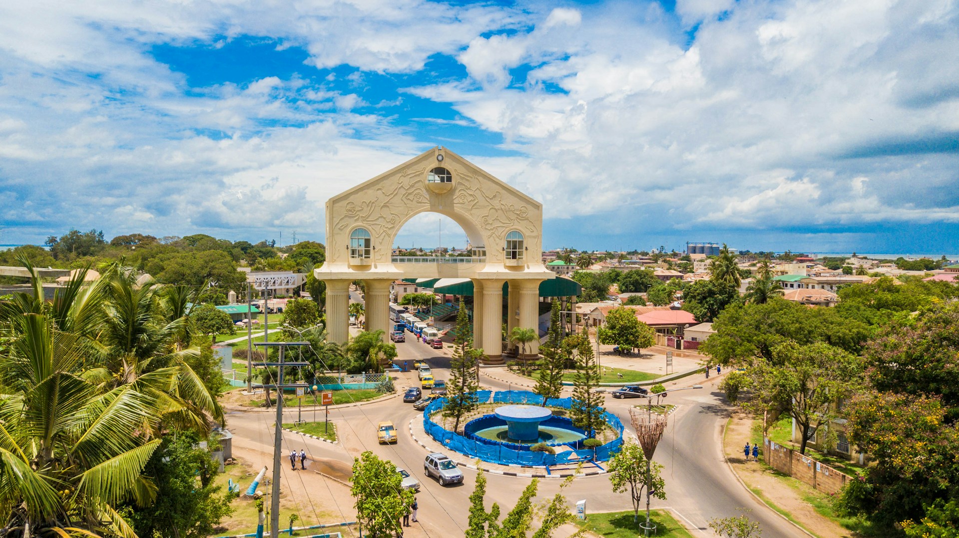 An aerial view of a city entrance.