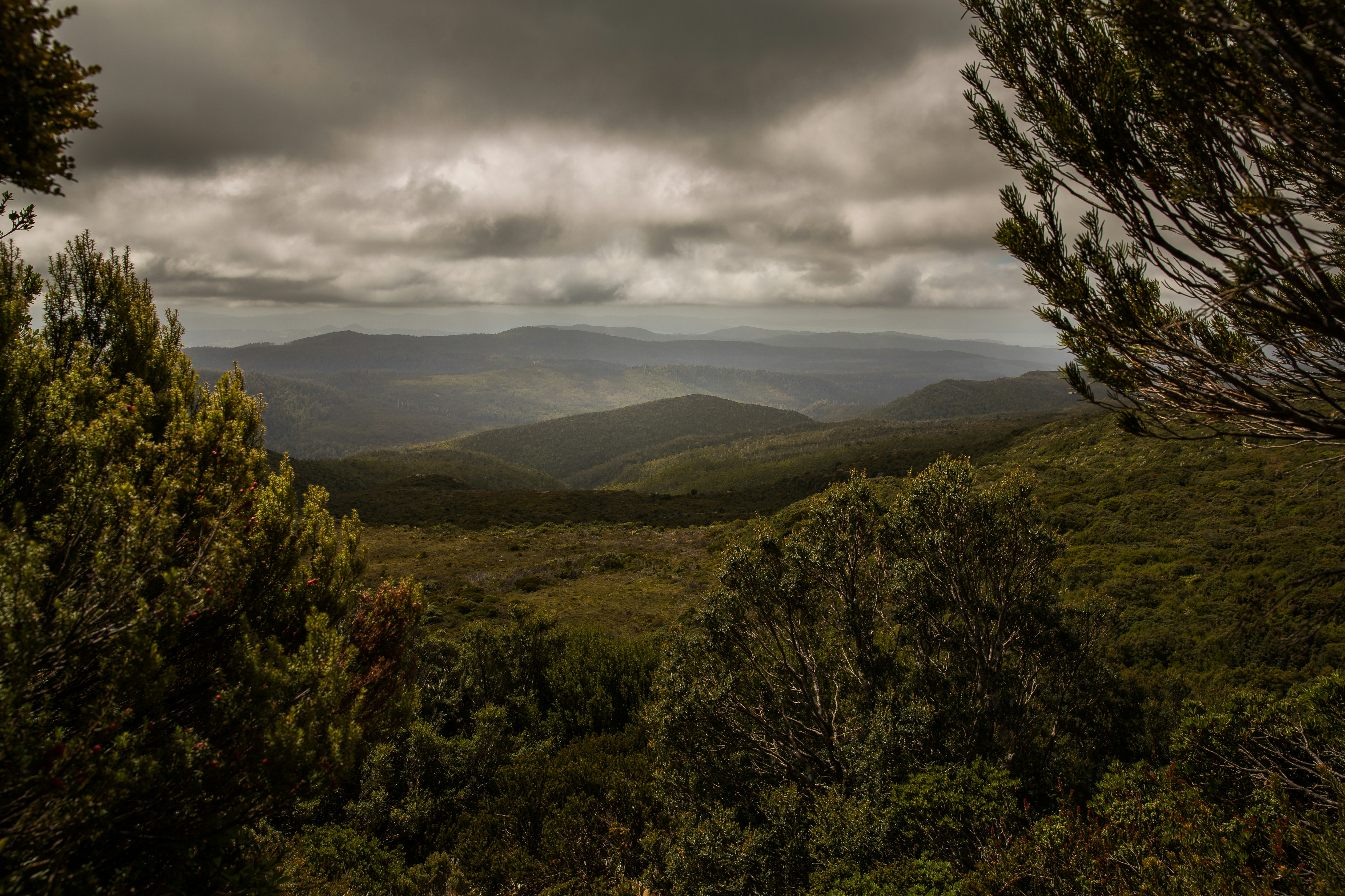 Overlooking mountains on a cloudy day.