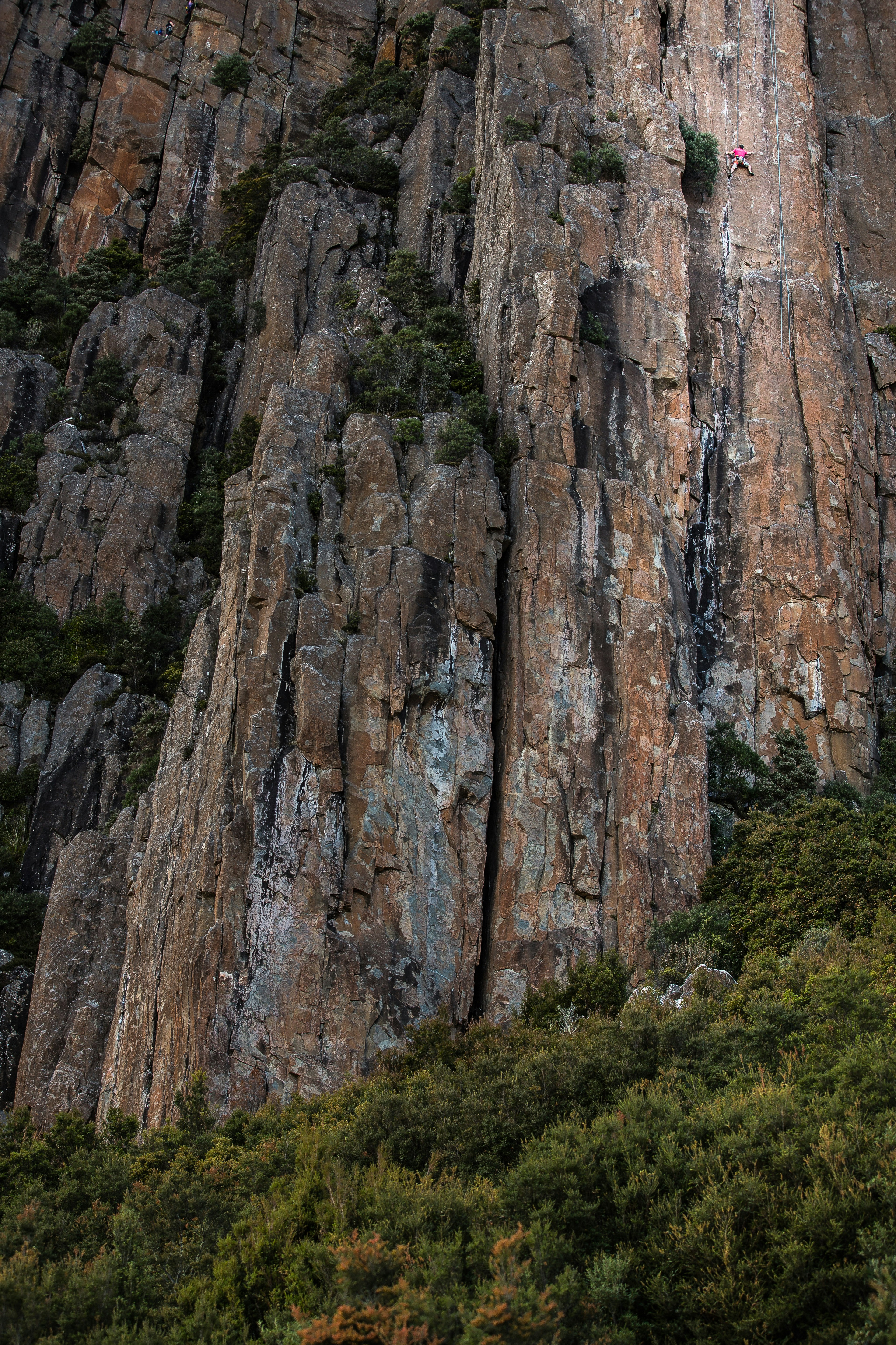 A rock climber ascends a gigantic cliff face.