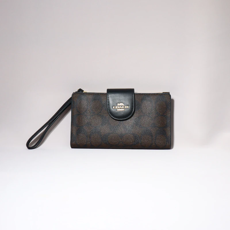 Coach Signature Canvas Corner Zip Wristlet Wallet Khaki / Saddle